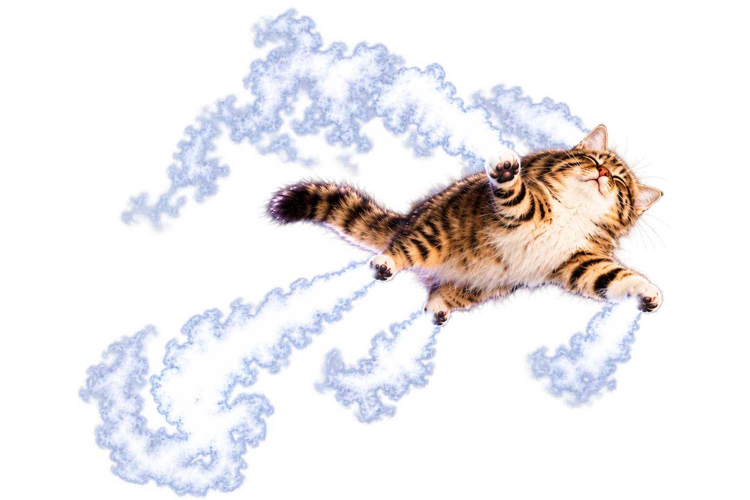 A fluffy tabby cat soaring through the sky with curling rocket smoke streaming from its paws